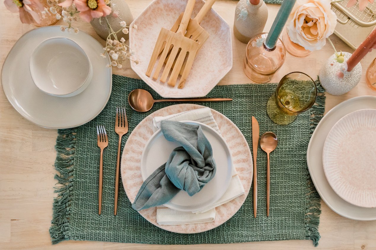 Easter Themed Table Setting with Flowers and Candles